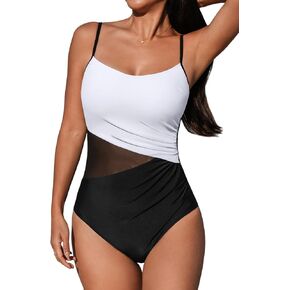 CUPSHE Women's One Piece Swimsuit Bathing Suit Scoop Neck Cutout Back Hook Color Block Mesh Swimwear