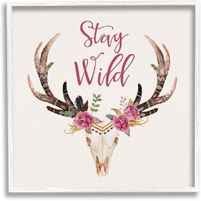 Stupell Industries Stay Wild Boho Chic Floral Deer Skull Antlers, Design by Amy Brinkman