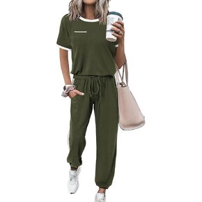 Amkoyam Women's Two Piece Outfits 2024 Summer Short Sleeve Tops With Drawstring Long Pants Tracksuit Jogger Lounge Set