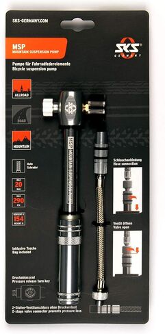 SKS GERMANY MSP Dämpferpumpe (Mountain Suspension Pump), Luftpumpe Fahrrad (Fahrradpumpe mit abschraubbarem Stahlflexschlauch, Druck max.: 20 bar / 290 PSI, Ventilanschluss: AV), Silber, 10 x 3 x 3 cm in Saudi Arabia