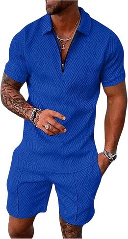 Men's 2 Piece Outfits Half Zip Short Sleeve T Shirt and Elastic Waist Shorts textured Tracksuit Set in Saudi Arabia