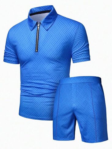 Men's 2 Piece Outfits Half Zip Short Sleeve T Shirt and Elastic Waist Shorts textured Tracksuit Set in Saudi Arabia