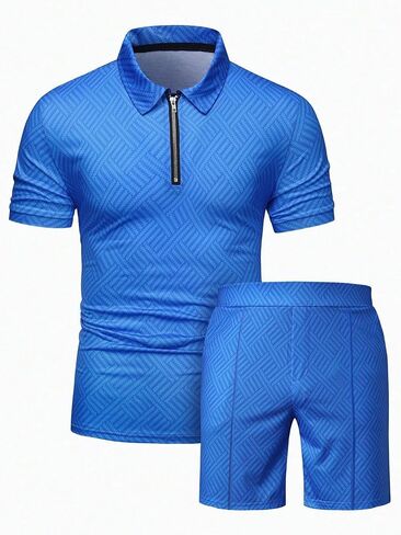 Men's 2 Piece Outfits Half Zip Short Sleeve T Shirt and Elastic Waist Shorts textured Tracksuit Set in Saudi Arabia