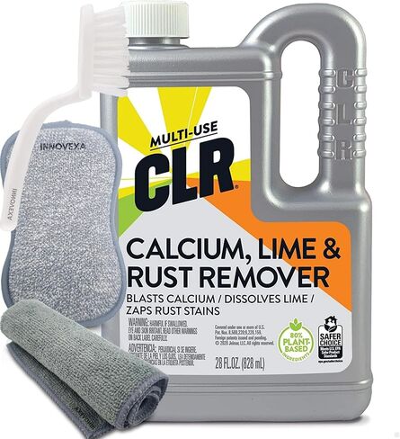 مجموعة تنظيف CLR - CLR، مزيل الكالسيوم والليمون والصدأ، 28 أونصة سائلة، مرفقة مع 1x فرشاة تنظيف، 1x قطعة قماش للتنظيف من الألياف الدقيقة، 1x وسادة تنظيف مزدوجة الجوانب - مجموعة مكونة من 4 قطع in Saudi Arabia