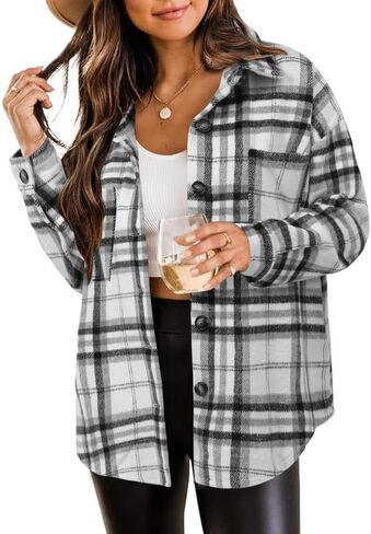 Women's Brushed Plaid Shirts Long Sleeve Flannel Lapel Button Down Cardigan Boyfriend Shacket Jacket Coats in Kuwait