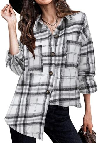 Women's Brushed Plaid Shirts Long Sleeve Flannel Lapel Button Down Cardigan Boyfriend Shacket Jacket Coats in Kuwait