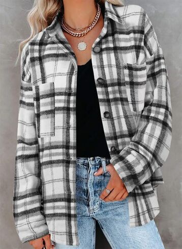 Women's Brushed Plaid Shirts Long Sleeve Flannel Lapel Button Down Cardigan Boyfriend Shacket Jacket Coats in Kuwait