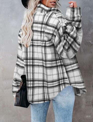 Women's Brushed Plaid Shirts Long Sleeve Flannel Lapel Button Down Cardigan Boyfriend Shacket Jacket Coats in Kuwait