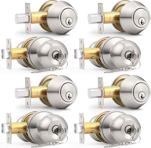 Probrico Keyed Alike Entry Knob and Deadbolt Set Single Cylinder Handleset Combo Pack Satin Nickel for Entrance Exterior Gate and Front Door, 4 Sets in Kuwait