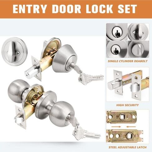 Probrico Keyed Alike Entry Knob and Deadbolt Set Single Cylinder Handleset Combo Pack Satin Nickel for Entrance Exterior Gate and Front Door, 4 Sets in Kuwait