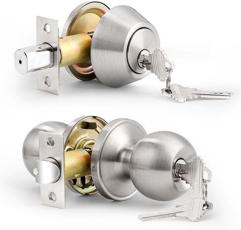 Probrico Keyed Alike Entry Knob and Deadbolt Set Single Cylinder Handleset Combo Pack Satin Nickel for Entrance Exterior Gate and Front Door, 4 Sets in Kuwait