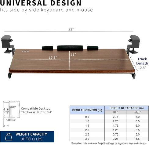 صينية لوحة مفاتيح VIVO كبيرة الارتفاع وقابلة للتعديل أسفل المكتب، نظام تثبيت بمشبك C، 27 (33 بما في ذلك المشابك) × 11 بوصة درج كمبيوتر بمنصة منزلق للخارج للكتابة، أسود، MOUNT-KB05HB in Kuwait