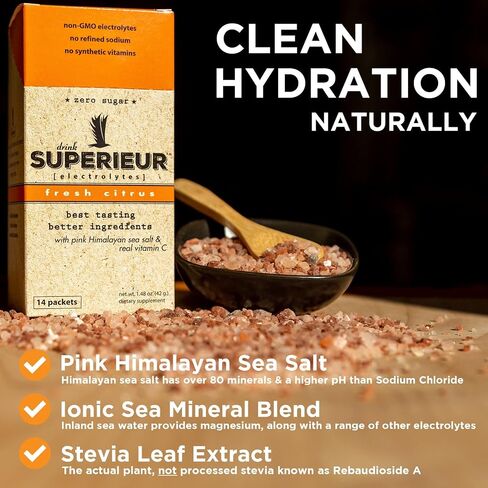 Superieur Electrolyte Powder Packets - Vegan Electrolyte Hydration Powder w/Sea Minerals - Keto Friendly, Non-GMO, Zero Sugar Electrolyte Supplement - Healthy Sports Drink - Citrus (14 Packets) in Saudi Arabia