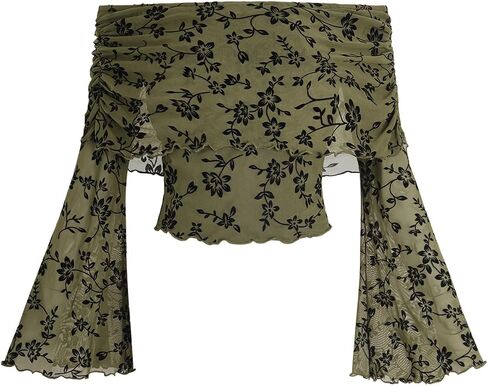 Verdusa Women's Floral Print Lettuce Trim Cold Shoulder Bell Sleeve Mesh Crop Tee Top in Saudi Arabia