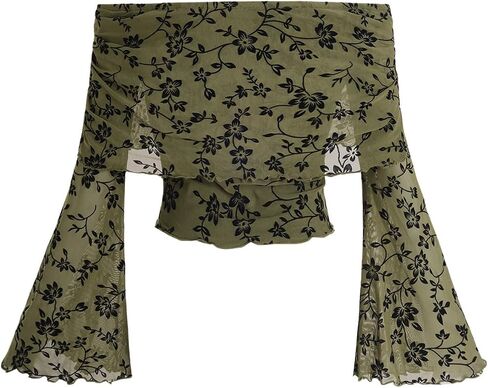 Verdusa Women's Floral Print Lettuce Trim Cold Shoulder Bell Sleeve Mesh Crop Tee Top in Saudi Arabia