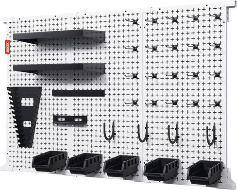 لوحات Pegboard المعدنية VEVOR مقاس 48 بوصة × 32 بوصة منظم حائط Pegboard للمرآب مع لوحين للأرفف، ودعامة تعليق، ورف مفتاح الربط، و5 صناديق تخزين، و4 خطافات مطاطية على شكل حرف U و20 خطافًا مخصصًا in Saudi Arabia
