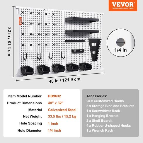 لوحات Pegboard المعدنية VEVOR مقاس 48 بوصة × 32 بوصة منظم حائط Pegboard للمرآب مع لوحين للأرفف، ودعامة تعليق، ورف مفتاح الربط، و5 صناديق تخزين، و4 خطافات مطاطية على شكل حرف U و20 خطافًا مخصصًا in Saudi Arabia