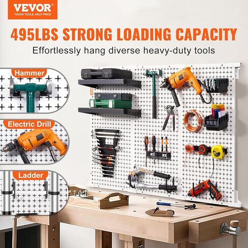 لوحات Pegboard المعدنية VEVOR مقاس 48 بوصة × 32 بوصة منظم حائط Pegboard للمرآب مع لوحين للأرفف، ودعامة تعليق، ورف مفتاح الربط، و5 صناديق تخزين، و4 خطافات مطاطية على شكل حرف U و20 خطافًا مخصصًا in Saudi Arabia