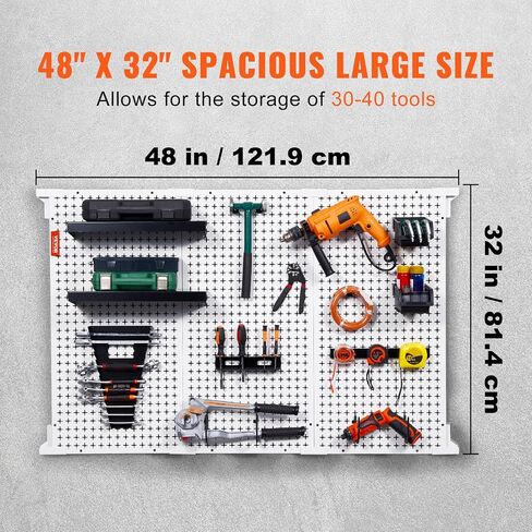 لوحات Pegboard المعدنية VEVOR مقاس 48 بوصة × 32 بوصة منظم حائط Pegboard للمرآب مع لوحين للأرفف، ودعامة تعليق، ورف مفتاح الربط، و5 صناديق تخزين، و4 خطافات مطاطية على شكل حرف U و20 خطافًا مخصصًا in Saudi Arabia