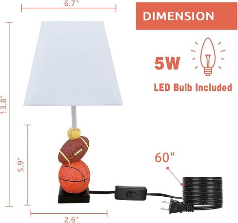 Kids Table Lamp, 14 Inch Football, Basketball & Baseball Design with Cute Lampshade, Sports-Themed lamp Ideal for Children's Bedroom Decor, Bedside Lamp Includes LED Bulb in Saudi Arabia