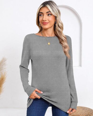 Huukeay 3 Pack Women's Long Sleeve Shirts Boat Neck Basic Cotton Tee Casual Loose Fit Fall Pullover Tops for Ladies in Kuwait