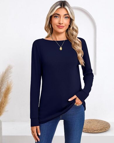 Huukeay 3 Pack Women's Long Sleeve Shirts Boat Neck Basic Cotton Tee Casual Loose Fit Fall Pullover Tops for Ladies in Kuwait