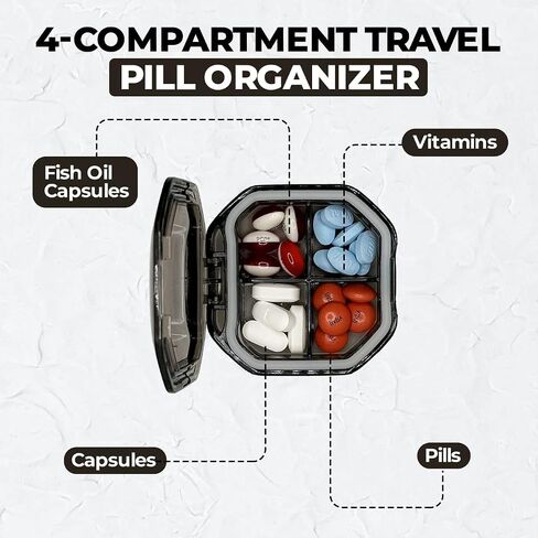 Travel Pill Organizer - Durable, Watertight Pill Case Travel Size with 4 Compartments - Compact Pill Travel Case for Vitamins, Supplements, Medicine - Travel Pill Container for Purse (Gray) in Saudi Arabia