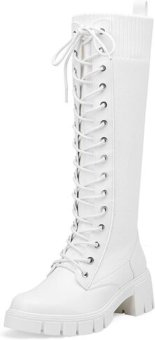 Jeossy Women's Combat Chunky Platform Heel Knee High Lace Up Boots | Tall riding boots,round toe,flat comfortable,casual walking,sexy,work,dresses, city days,party,concert,seampunk in Saudi Arabia