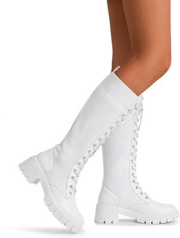 Jeossy Women's Combat Chunky Platform Heel Knee High Lace Up Boots | Tall riding boots,round toe,flat comfortable,casual walking,sexy,work,dresses, city days,party,concert,seampunk in Saudi Arabia