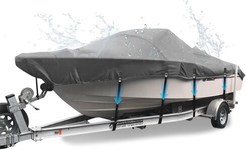 غطاء قارب 900D، أغطية قوارب شديدة التحمل مقاومة للماء والأشعة فوق البنفسجية، غطاء قارب معدني مقاوم للرياح بالكامل يناسب هيكل V، ثلاثي الهيكل، Runabout، طول 17'-19'، عرض شعاع يصل إلى 96 بوصة in Kuwait