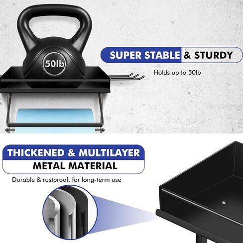 حامل مناشف ورقية للمرآب مع رف، حامل مناشف ورقية معدنية ممتازة مثبت على الحائط مع 6 خطافات، تمزق بيد واحدة، تنظيم المرآب وتخزينه، عالي التحمل يحمل 50 رطلاً، محطة التنظيف السريعة المثالية in Kuwait