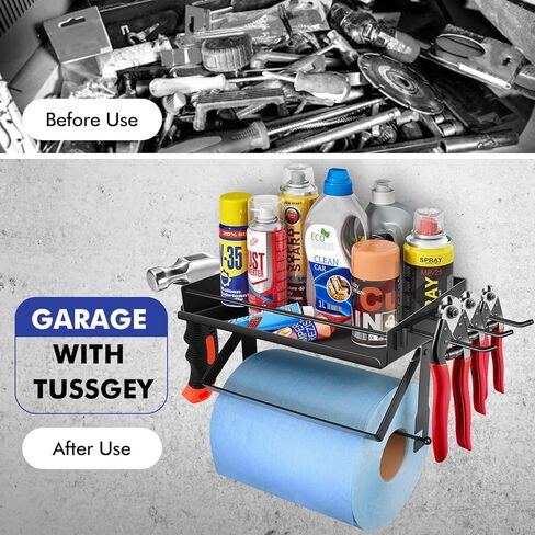 حامل مناشف ورقية للمرآب مع رف، حامل مناشف ورقية معدنية ممتازة مثبت على الحائط مع 6 خطافات، تمزق بيد واحدة، تنظيم المرآب وتخزينه، عالي التحمل يحمل 50 رطلاً، محطة التنظيف السريعة المثالية in Kuwait