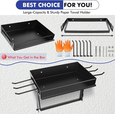 حامل مناشف ورقية للمرآب مع رف، حامل مناشف ورقية معدنية ممتازة مثبت على الحائط مع 6 خطافات، تمزق بيد واحدة، تنظيم المرآب وتخزينه، عالي التحمل يحمل 50 رطلاً، محطة التنظيف السريعة المثالية in Kuwait