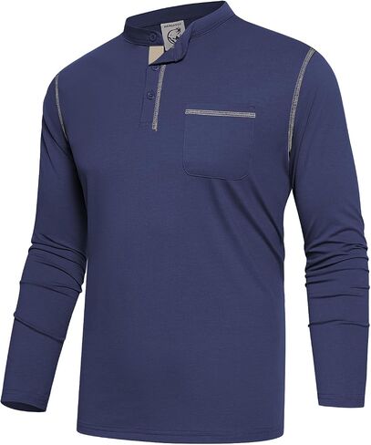 Hardaddy Men's Contrast Color Henley T-Shirt Long Sleeve Classic Henley Shirt Buttons Crewneck Pullover Top with Pocket in Kuwait