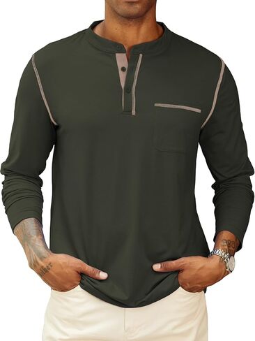 Hardaddy Men's Contrast Color Henley T-Shirt Long Sleeve Classic Henley Shirt Buttons Crewneck Pullover Top with Pocket in Kuwait