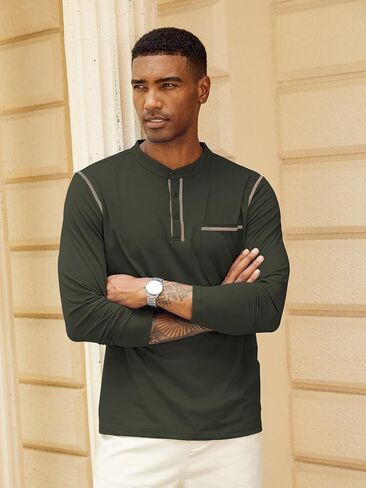Hardaddy Men's Contrast Color Henley T-Shirt Long Sleeve Classic Henley Shirt Buttons Crewneck Pullover Top with Pocket in Kuwait