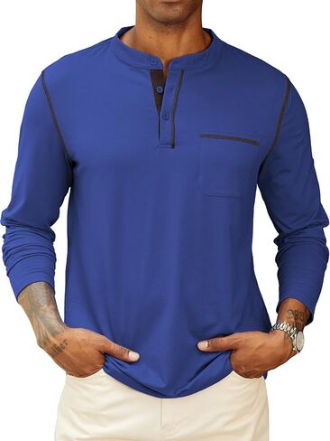 Hardaddy Men's Contrast Color Henley T-Shirt Long Sleeve Classic Henley Shirt Buttons Crewneck Pullover Top with Pocket in Kuwait