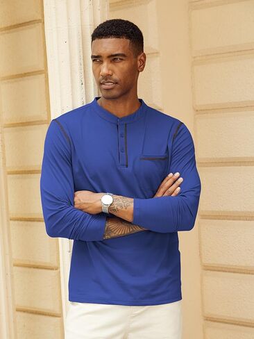 Hardaddy Men's Contrast Color Henley T-Shirt Long Sleeve Classic Henley Shirt Buttons Crewneck Pullover Top with Pocket in Kuwait