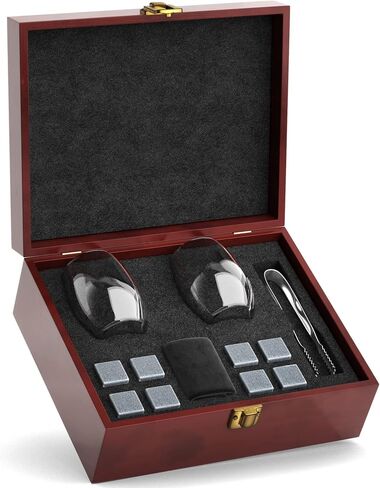 مجموعة هدايا Premium Chill Rocks Whisky - أحجار الويسكي سكوتش المبردة - كأسين + 8 أحجار صابون لتبريد المشروبات + ملقط من الفولاذ المقاوم للصدأ + حقيبة تخزين مخملية - صندوق هدايا خشبي فاخر - هدية للرجال in Saudi Arabia