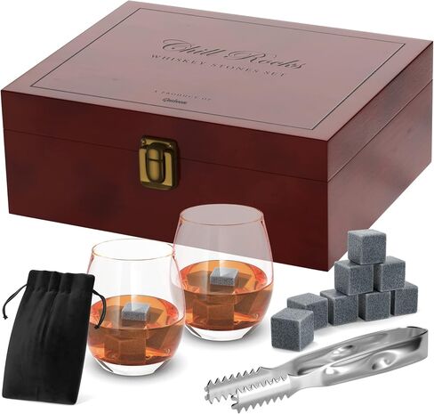 مجموعة هدايا Premium Chill Rocks Whisky - أحجار الويسكي سكوتش المبردة - كأسين + 8 أحجار صابون لتبريد المشروبات + ملقط من الفولاذ المقاوم للصدأ + حقيبة تخزين مخملية - صندوق هدايا خشبي فاخر - هدية للرجال in Saudi Arabia