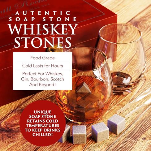 مجموعة هدايا Premium Chill Rocks Whisky - أحجار الويسكي سكوتش المبردة - كأسين + 8 أحجار صابون لتبريد المشروبات + ملقط من الفولاذ المقاوم للصدأ + حقيبة تخزين مخملية - صندوق هدايا خشبي فاخر - هدية للرجال in Saudi Arabia