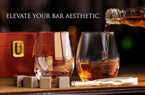 مجموعة هدايا Premium Chill Rocks Whisky - أحجار الويسكي سكوتش المبردة - كأسين + 8 أحجار صابون لتبريد المشروبات + ملقط من الفولاذ المقاوم للصدأ + حقيبة تخزين مخملية - صندوق هدايا خشبي فاخر - هدية للرجال in Saudi Arabia