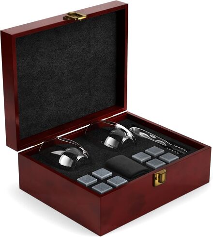 مجموعة هدايا Premium Chill Rocks Whisky - أحجار الويسكي سكوتش المبردة - كأسين + 8 أحجار صابون لتبريد المشروبات + ملقط من الفولاذ المقاوم للصدأ + حقيبة تخزين مخملية - صندوق هدايا خشبي فاخر - هدية للرجال in Saudi Arabia
