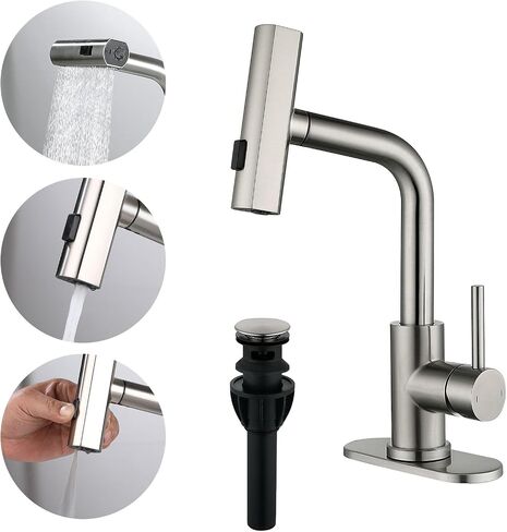 TRIPHIL Waterfall Bathroom Faucets with 3 Mode Pull Down Sprayer,Single Handle Modern Bath Sink Faucet with Pop Up Drain and Deck Plate,Matte Black 1 Hole RV, Bar,Restroom,Lavatory,Vanity Tap in Saudi Arabia