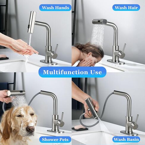 TRIPHIL Waterfall Bathroom Faucets with 3 Mode Pull Down Sprayer,Single Handle Modern Bath Sink Faucet with Pop Up Drain and Deck Plate,Matte Black 1 Hole RV, Bar,Restroom,Lavatory,Vanity Tap in Saudi Arabia