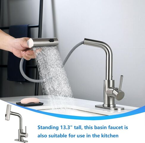 TRIPHIL Waterfall Bathroom Faucets with 3 Mode Pull Down Sprayer,Single Handle Modern Bath Sink Faucet with Pop Up Drain and Deck Plate,Matte Black 1 Hole RV, Bar,Restroom,Lavatory,Vanity Tap in Saudi Arabia