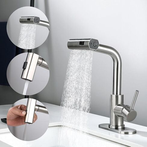 TRIPHIL Waterfall Bathroom Faucets with 3 Mode Pull Down Sprayer,Single Handle Modern Bath Sink Faucet with Pop Up Drain and Deck Plate,Matte Black 1 Hole RV, Bar,Restroom,Lavatory,Vanity Tap in Saudi Arabia