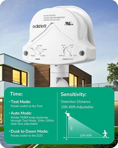 EDISHINE 240 Degree Motion Sensor, Automatic Dusk to Dawn, 120V AC Motion PIR Sensor, Adjustable Delay Time & Detection Range, Replacement Motion Security Floodlight Sensor, Black, UL Listed in Kuwait