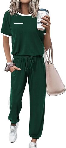 Amkoyam Women's Two Piece Outfits 2024 Summer Short Sleeve Tops With Drawstring Long Pants Tracksuit Jogger Lounge Set in Kuwait