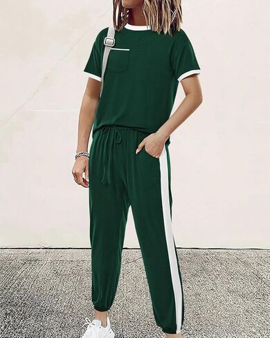 Amkoyam Women's Two Piece Outfits 2024 Summer Short Sleeve Tops With Drawstring Long Pants Tracksuit Jogger Lounge Set in Kuwait